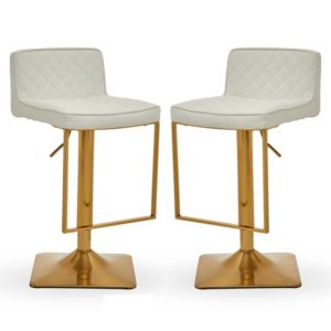 Baino White Leather Bar Chairs With Gold Footrest In A Pair