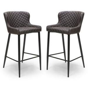Charlie Grey Leather Bar Stool With Metal Base In Pair