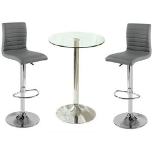 Gino Clear Glass Bar Table With 2 Ripple Grey Stools