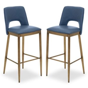 Glidden Blue Leather Bar Chair With Brass Legs In Pair