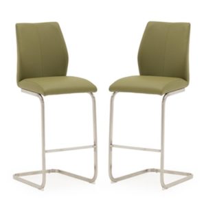 Irma Olive Faux Leather Bar Chairs With Steel Legs In Pair