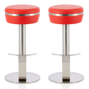 Latos Red Faux Leather Fixed Bar Height Bar Stools In Pair
