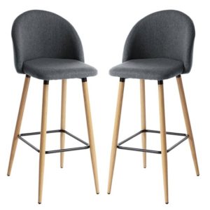 Nesat Grey Fabric Bar Stools With Wooden Legs In Pair