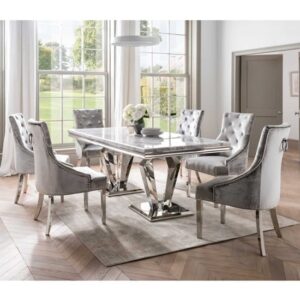 Arleen Large Marble Dining Table With 6 Bevin Pewter Chairs