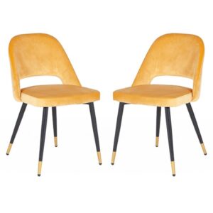 Biretta Mustard Velvet Dining Chairs With Metal Frame In Pair