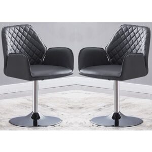 Bucketeer Swivel Grey Faux Leather Dining Chairs In Pair