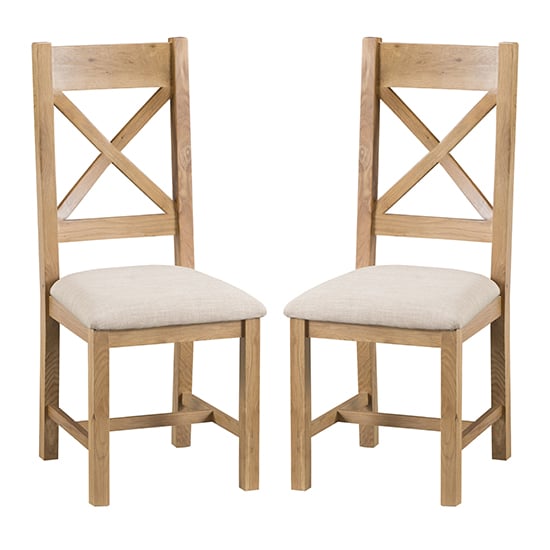 Concan Medium Oak Cross Back Fabric Seat Dining Chairs In Pair