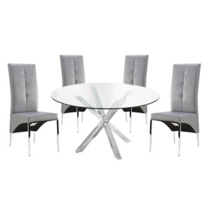 Crossley Round Glass Dining Table With 4 Vesta Grey Chairs