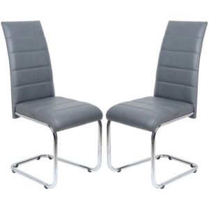 Daryl Grey Faux Leather Dining Chairs With Chrome Legs In Pair