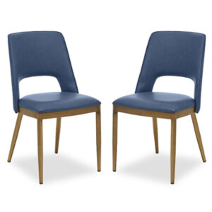Glidden Blue Leather Dining Chairs With Brass Legs In Pair