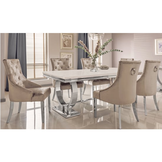 Kesley Large Cream Marble Dining Table 8 Enmore Champagne Chairs