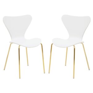 Leila White Plastic Dining Chairs With Gold Metal legs In A Pair