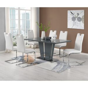 Memphis Large Grey Gloss Dining Table With 6 Petra White Chairs