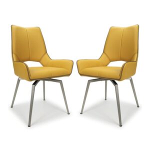 Mosul Swivel Leather Effect Yellow Dining Chairs In Pair