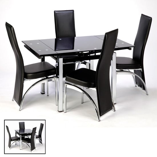 Paris Extendable Glass Dining Table In Black And 4 Romeo Chairs