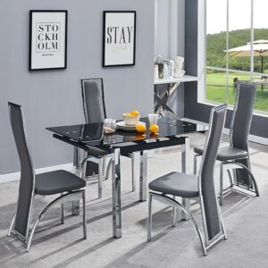 Paris Extending Black Glass Dining Table 4 Chicago Grey Chairs