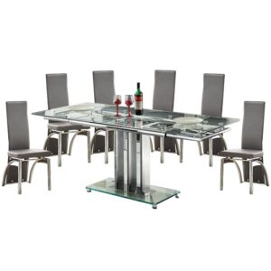 Rihanna Extending Glass Dining Table With 6 Romeo Grey Chairs