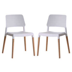 Rivera White Plastic Dining Chairs With Beech Legs In Pair