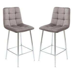 Sandy Squared Grey Velvet Bar Chairs In Pair