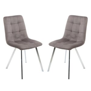 Sandy Squared Grey Velvet Dining Chairs In Pair