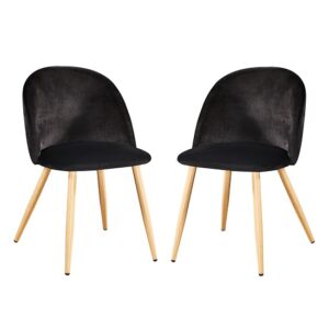 Vinos Black Velvet Dining Chairs With Oak Metal Legs In Pair
