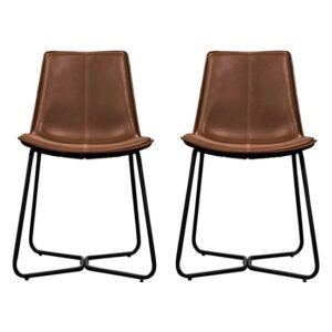 Holland Brown Leather Dining Chairs With Metal Base In A Pair