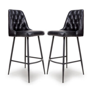 Basel Black Genuine Buffalo Leather Bar Chairs In Pair
