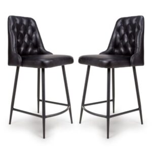 Basel Black Genuine Buffalo Leather Counter Bar Chairs In Pair