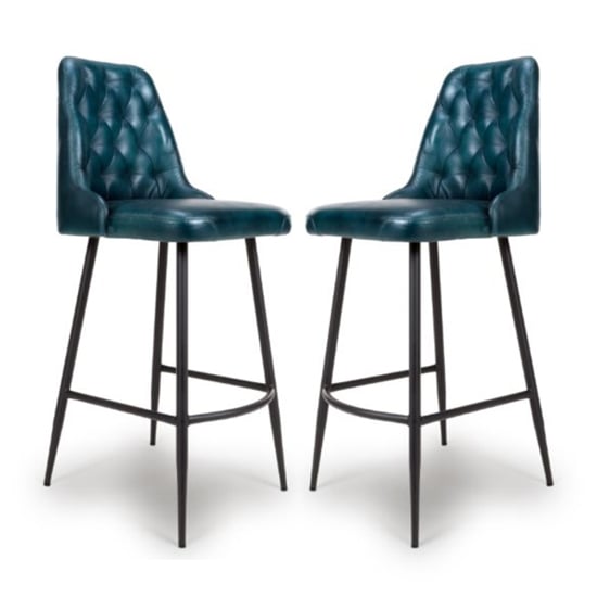 Basel Blue Genuine Buffalo Leather Bar Chairs In Pair