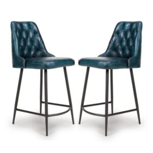 Basel Blue Genuine Buffalo Leather Counter Bar Chairs In Pair
