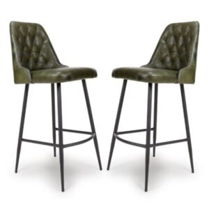 Basel Green Genuine Buffalo Leather Bar Chairs In Pair