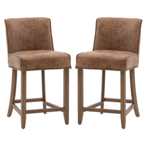 Worland Brown Leather Bar Chairs With Wooden Legs In Pair