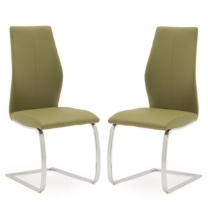 Bernie Olive Leather Dining Chairs With Chrome Frame In Pair