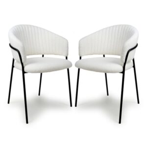 Monza White Boucle Fabric Dining Chairs With Black Legs In Pair