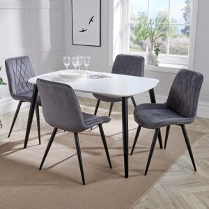 Arta Dining Table In White With 4 Dark Grey Diamond Chairs