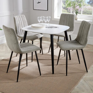 Arta Square Grey Oak Dining Table With 4 Curve White Chairs