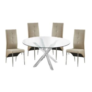 Crossley Round Glass Dining Table With 4 Vesta Taupe Chairs