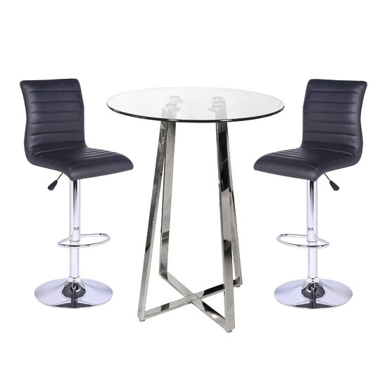 Poseur Bar Table In Clear Glass With 2 Ripple Black Bar Stools
