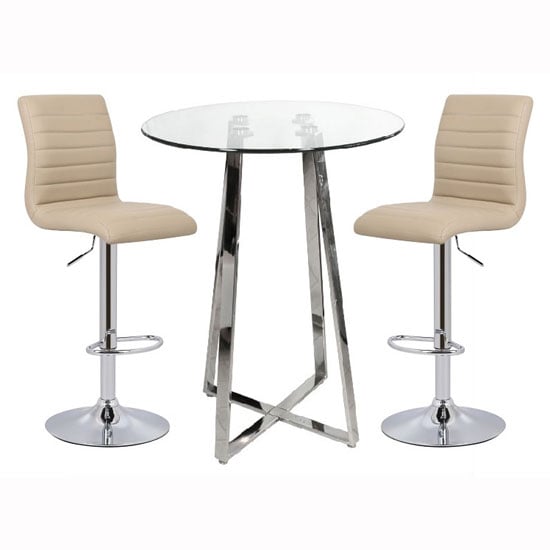 Poseur Bar Table In Clear Glass With 2 Ripple Stone Bar Stools