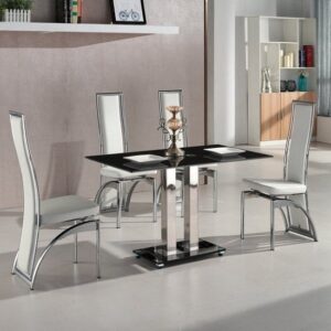 Jet Small Black Glass Dining Table With 4 Chicago White Chairs