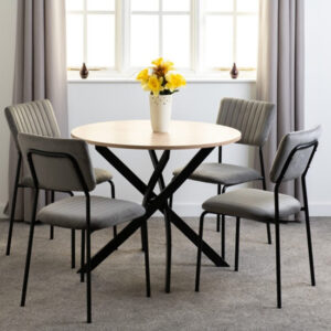 Sanur Sonoma Oak Dining Table Round With 4 Grey Velvet Chairs