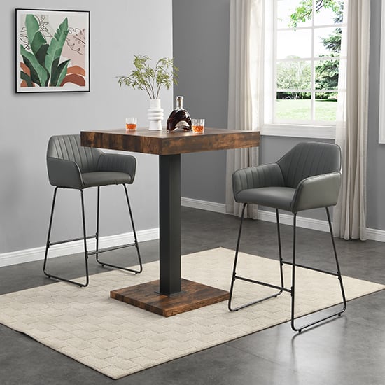 Topaz Smoked Oak Wooden Bar Table With 2 Brooks Grey Stools