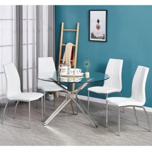 Toulouse Clear Glass Dining Table With 4 Opal White Chairs