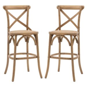 Caria Natural Wooden Bar Stools With Rattan Seat In Pair