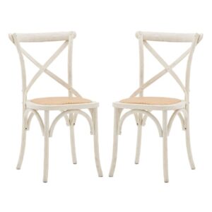 Caria White Wooden Dining Chairs With Rattan Seat In Pair