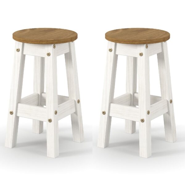Consett White And Oak Round Wooden Bar Stools In Pair