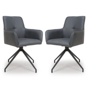 Novato Swivel Grey Faux Leather Dining Chairs In Pair