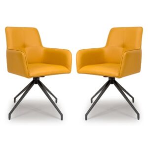 Novato Swivel Ochre Faux Leather Dining Chairs In Pair