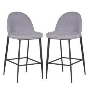 Vacaville Light Grey Velvet Fabric Bar Stools In Pair