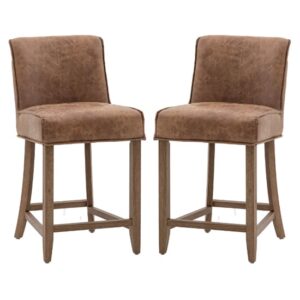 Worland Brown Leather Bar Chairs With Wooden Legs In Pair
